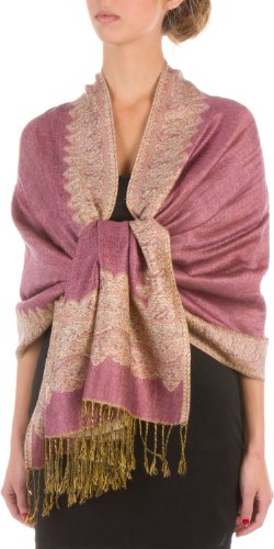 Sakkas Border Pattern Layered Reversible Woven Pashmina Shawl Scarf Wrap Stole - Mauve