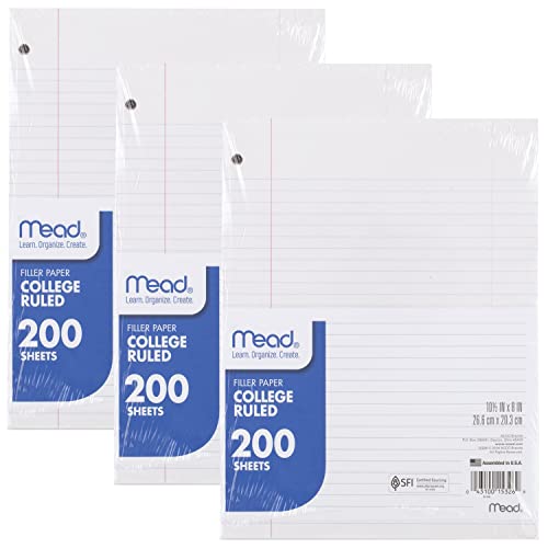 Mead Loose Leaf Paper, 3 Pack, Notebook Paper, College Ruled Filler Paper, Standard, 8 x 10.5, 200 Sheets per Pack (73185) Pack of 3