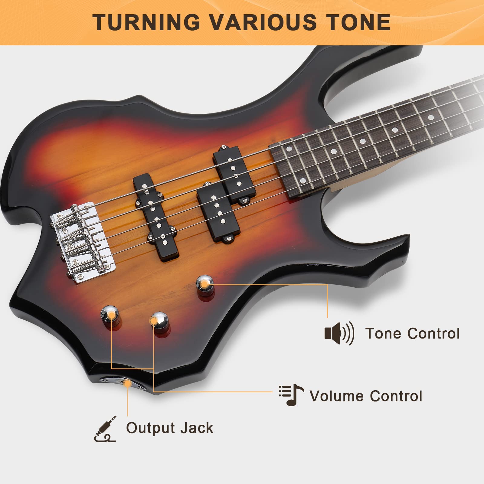 GLARRY Electric Bass Guitar 4 Strings Buring Fire Style Full Size for Beginner Right Hand with Bag, Strap and Accessories (Sunset) - Image 6